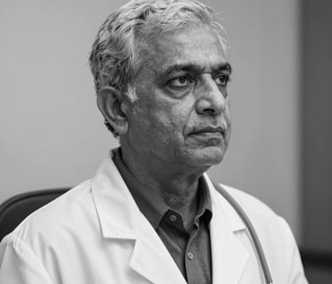 A respectful, high-quality black and white photo of an elder South Asian doctor in a white coat, looking thoughtfully into the distance, soft lighting.