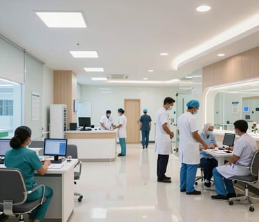 A professional wide shot of a modern healthcare facility interior in West Kalimantan, showing a clean, high-tech environment with medical professionals.