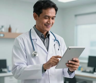 Professional photography of an Indonesian doctor in a white coat standing in a modern, clean medical office in West Kalimantan, looking at a digital tablet with a confident smile, soft natural lighting.