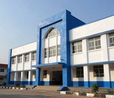 A grand exterior shot of Aman Public School in Gajraula during a sunny morning. The architecture is modern with prominent royal blue and white colors.