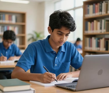 A professional photograph of a South Asian teenager in a Royal Blue school uniform studying intensely for entrance exams in a modern school library with books and a laptop, bright natural lighting.