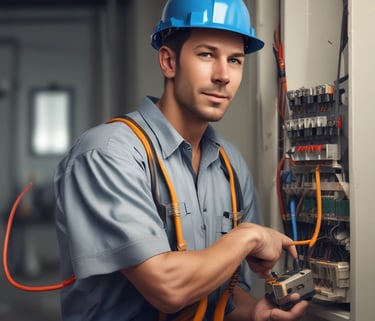 Electrician installing wiring in a commercial building.