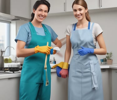 Professional cleaning staff working in a modern office space.