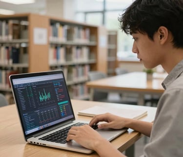 A focused student in a modern North American library using a high-end laptop with data visualizations on screen, bright natural lighting, professional academic setting.