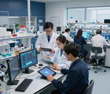 A high-angle, professional photograph of a modern North American research lab. Scientists in sleek, contemporary attire are collaborating over digital tablets and holographic-style data projections. The atmosphere is innovative and bright, with accents of navy blue and light grey throughout the interior design.