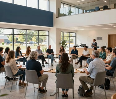 A high-quality, professional photograph of a sun-drenched, modern North American community center where people are engaged in a collaborative seminar. The setting is clean and sophisticated with slate blue and cream accents.