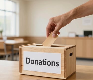 Photography of hands placing a donation into a solid wooden box in a light-filled North American community center, clean composition, soft natural lighting, palette of tan and cream.