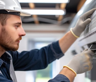 Professional HVAC technician in a hard hat performing air conditioning maintenance and filter repair.