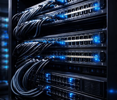 Network server rack with glowing blue LED status lights and organized black ethernet cables in a data center.