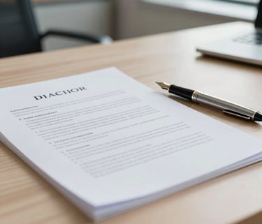 A close-up of professional legal documents and a fountain pen on a clean, light wood desk in a modern Italian law office, natural light, steel blue and silver tones.