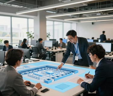 A sophisticated workspace in a South American office where event planners are reviewing a digital 3D layout of a large exhibition hall, natural lighting, professional and creative atmosphere with light blue accents.
