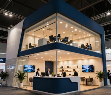 A wide shot of a modern, high-end corporate trade show booth in a Brazilian convention center. Sleek glass and steel architecture, professional warm lighting, Steel Blue and Navy color accents, sophisticated business atmosphere.
