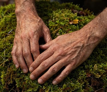 Close-up photography of weathered hands gently resting on a bed of green moss in a North American forest. The lighting is soft and golden, filtering through leaves, highlighting the textures of skin and moss. Palette features moss green and soil brown tones.