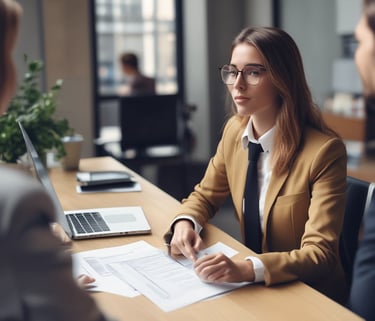 A specialist consulting a client over network equipment options in an office.
