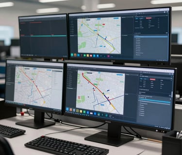 Photography of a North American logistics dispatch center, focused on multiple professional computer displays showing real-time maps and route data in dark navy and slate grey tones, clean modern office environment.