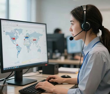 A female logistics professional in a North American office wearing a headset and looking at a computer screen showing global shipping routes, soft natural light.