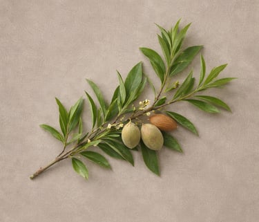 Fresh almond branch with green leaves and raw nuts on a neutral textured background.