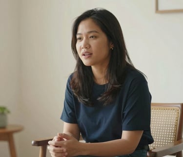 A professional photography of a Southeast Asian woman named Trân with a warm and nurturing expression, sitting in a sun-drenched minimalist room with soft cream white walls and wooden furniture, engaging in an authentic conversation, soft natural lighting.