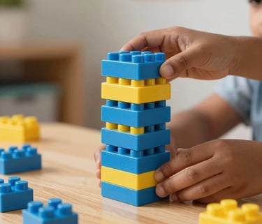 A close-up shot of small South Asian / Indian hands stacking bright sky blue and yellow building blocks on a clean wooden table, soft morning light in a premium play school setting.