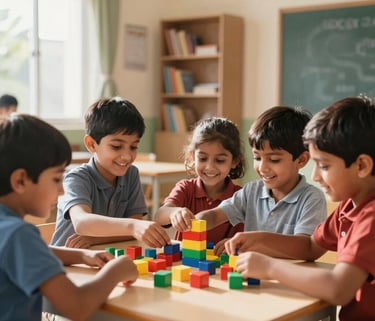 Candid photography of a group of joyful South Asian children playing with colorful educational blocks in a sunlit, modern classroom in Rudrapur. Professional, high-quality atmosphere.