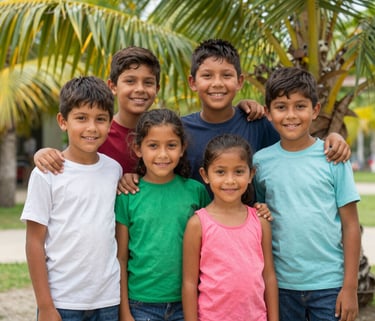 Children playing happily together in the sunny garden of Hope Haven Belize.