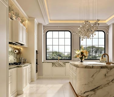 A refined and fashion-led kitchen style combining luxury details with practical cabinet design