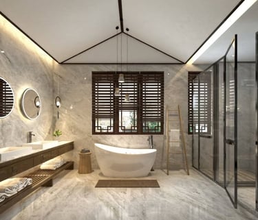 Bathroom remodel with a freestanding bathtub, wall-mounted sinks, and a glass-enclosed shower.