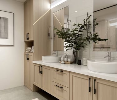 Bathroom remodel with a double vanity and vessel sinks.