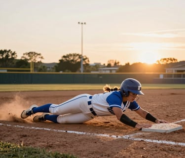 A dynamic wide-angle action shot of a competitive softball player in a blue and white uniform sliding into a base, dust rising, captured at sunset on a professional field in North American / US, high-performance athletic energy.
