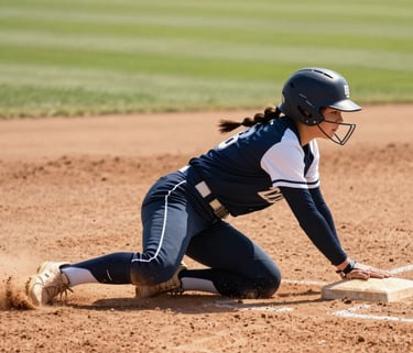 A dynamic action photograph of a softball player in a dark blue and white uniform sliding into a base, with dirt flying, captured in sharp focus on a sunlit North American / US field.