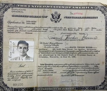 Vintage 1947 United States Certificate of Naturalization for Emanuel Theodore Bronner with ID photo.