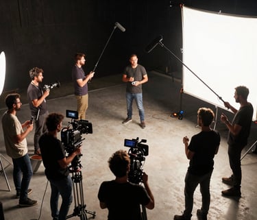 High-angle view of a professional film and music production set in South America, crew working with cameras and boom mics, elegant dynamic lighting.