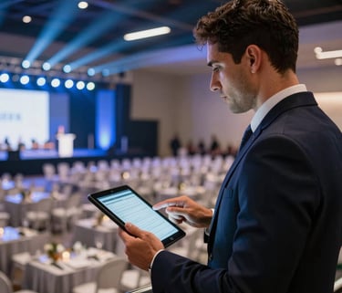 A professional South American event manager holding a digital tablet, supervising a large-scale corporate event setup with elegant blue and white stage lighting in a modern Brazilian venue.