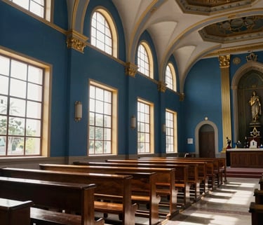 A wide photography shot of a modern South American church interior, with elegant navy blue and gold accents, natural light streaming through windows, and a peaceful, spiritual atmosphere.