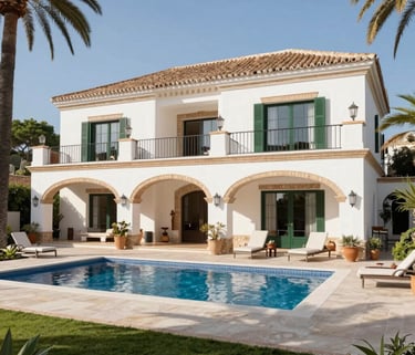 A scenic view of a peaceful Andalusian neighborhood with whitewashed houses and greenery.