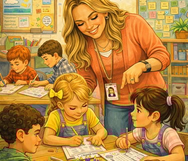 Maestra asistiendo a sus estudiantes. apoyo educativo