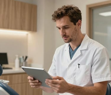 A Southern European professional dentist in a modern clinic explaining a treatment plan using a tablet, warm natural lighting, minimalist beige and wood interior.