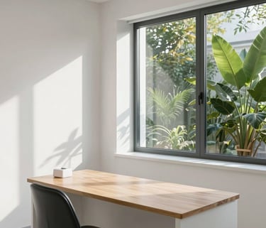 A bright and airy dental consultation room in a Southern European clinic, featuring clean white lines, a minimalist wooden desk, and a large window showing lush green plants, bathed in soft morning light, reflecting a calm professional atmosphere.