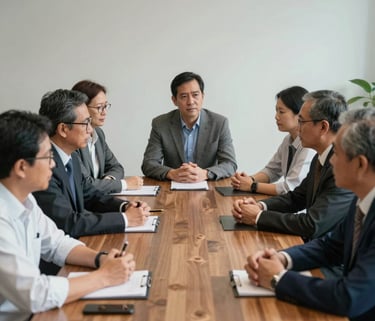 A wide angle shot of a group of mature Southeast Asian professionals having a serious but positive meeting around a wooden table, photography.
