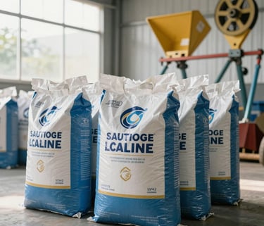 Professional photography of high-quality fertilizer bags and modern agricultural tools in a bright Southeast Asian storage facility, lighting is natural and clean, muted blue and gold tones.