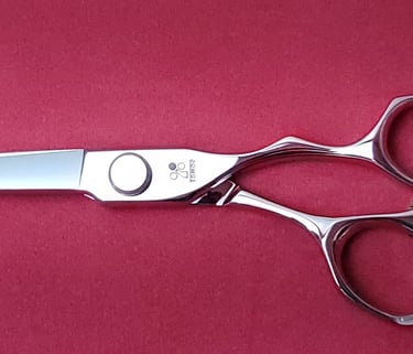 Tijeras de peluquería profesionales Tomoe de acero inoxidable en exhibición, destacando calidad y pr