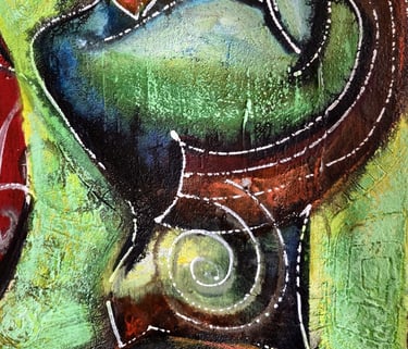 Expressive Leinwand „Adam & Eva“ in Komplementärfarben mit weißen Linien – Romeo Opincaru, 2025.