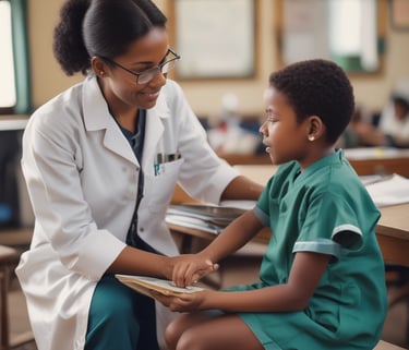 A gentle moment of a volunteer helping a child try on a school uniform.