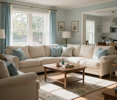 A warm, sunlit residential living room in a North American home, featuring soft off-white furniture and light blue accents, exuding a sense of peace and stability.