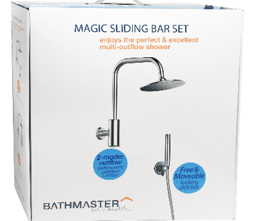 Bathmaster Magic Sliding Bar Set packaging featuring a dual rain shower head and handheld wand system.