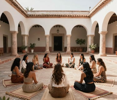 Wide-angle photography of a group of women sitting in a circle on woven rugs in a sun-drenched courtyard with arched walkways, Latin American / Spanish hacienda style, soft shadows, sophisticated atmosphere.