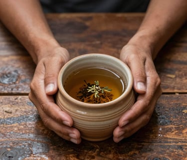 Close up of Latin American hands holding a handmade ceramic cup filled with aromatic herbal infusion, soft natural light reflecting off a rustic wooden table, earthy tones of tan and muted brown, nurturing atmosphere.