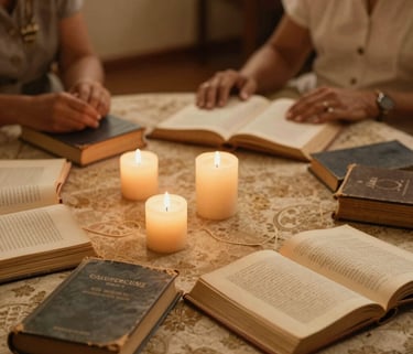 A vintage-style photo of a Brazilian spiritual consultation room from decades ago, showing aged books and candles. Warm, nostalgic golden tones.
