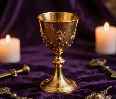 A close-up photograph of an ornate golden chalice and ancient spiritual artifacts resting on a dark purple velvet cloth. Soft candle lighting creates a mysterious and professional atmosphere in a South American sanctuary.