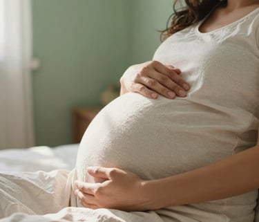 A close-up of a pregnant South American woman's hands gently resting on her belly, in a brightly lit room with soft sage green walls and cream-colored linens, natural afternoon sunlight, professional photography.